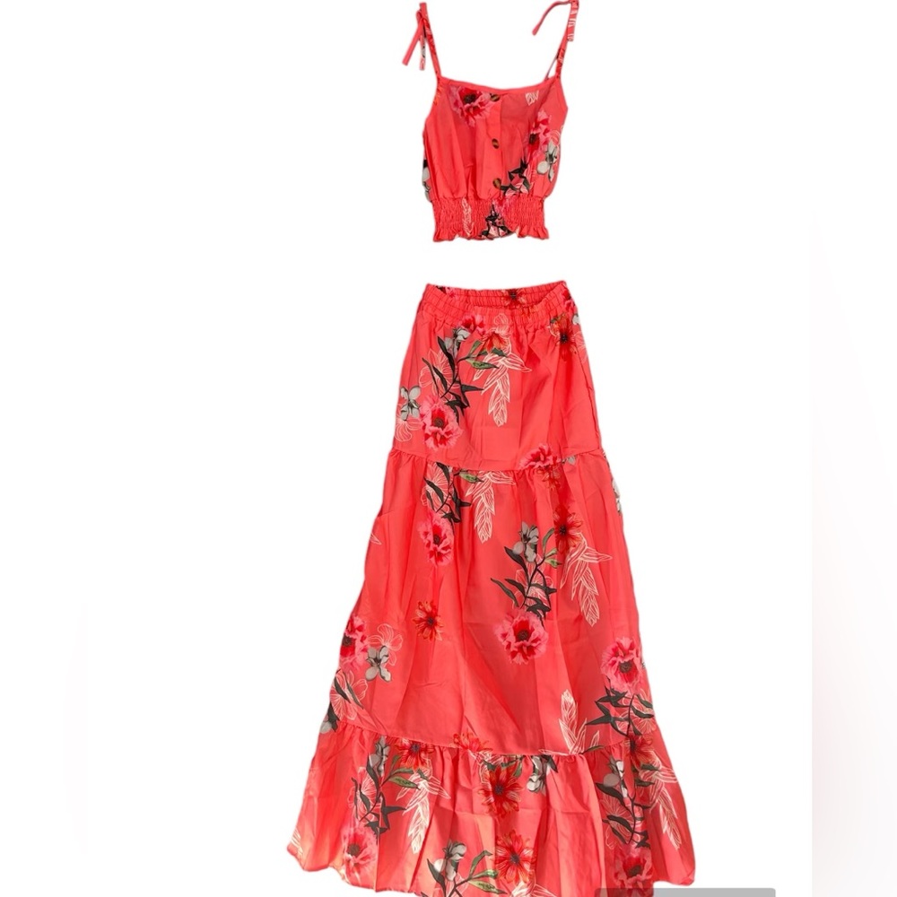 Coral Pink Floral Two-Piece Elastic Band Long Flare Dress Set